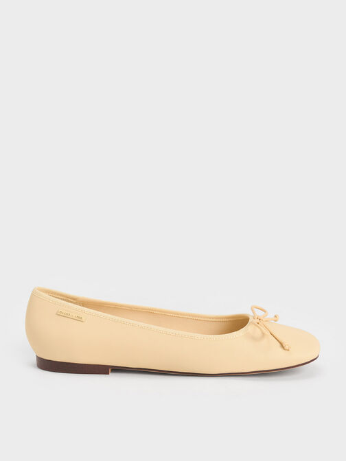 Rounded Square-Toe Bow Ballerinas, สีเหลือง, hi-res