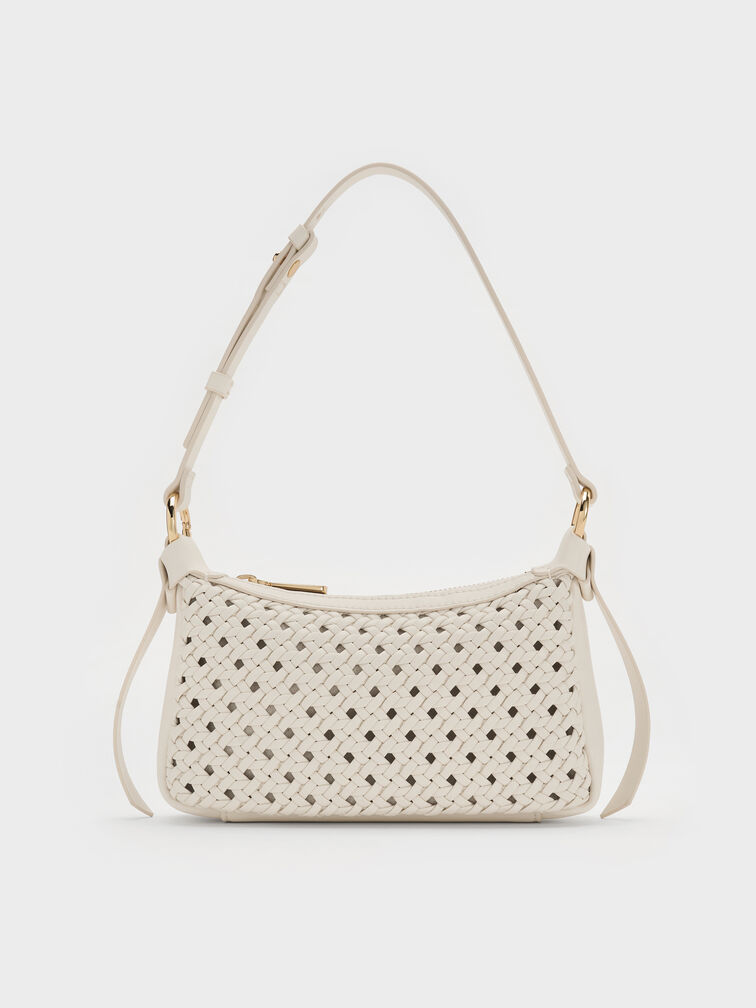 กระเป๋าสะพายไหล่ดีเทลงานสานขนาดมินิรุ่น Calla, สีครีม, hi-res