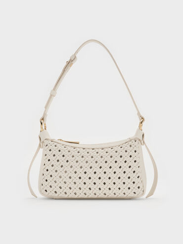 กระเป๋าสะพายไหล่ดีเทลงานสานขนาดมินิรุ่น Calla, สีครีม, hi-res