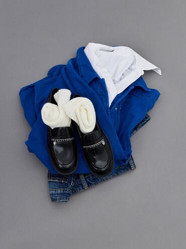 Braided-Chain Metallic-Accent Loafers, Black Boxed, hi-res