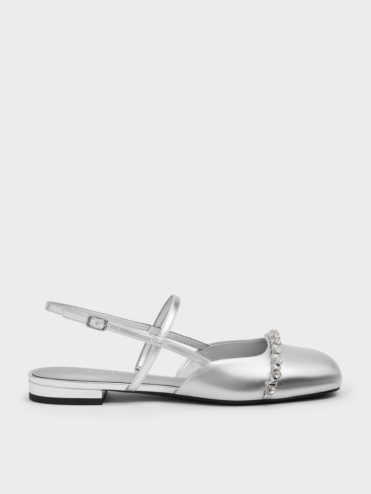 Metallic Crystal Slingback Flats, Silver, hi-res