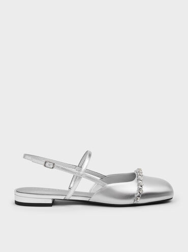 Metallic Crystal Slingback Flats, Silver, hi-res