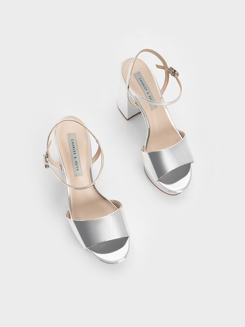 Peep-Toe Metallic Platform Sandals, สีเงิน, hi-res