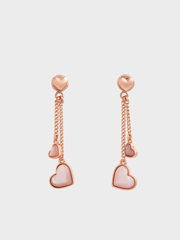 Double Heart Stone Drop Earrings, สีโรสโกลด์, hi-res