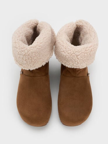 Faux Suede & Faux Shearling Ruched Fold-Over Boots, Brown, hi-res