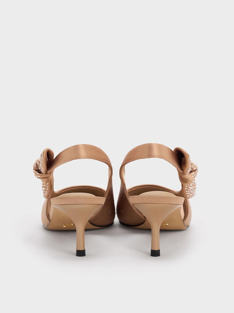 รองเท้าส้นสูงวัสดุโพลีเอสเตอร์รีไซเคิลพร้อมสายรัดส้นดีเทลประดับโบว์ผูกปมตกแต่งคริสตัลรุ่น Jayce, สีนู้ด, hi-res