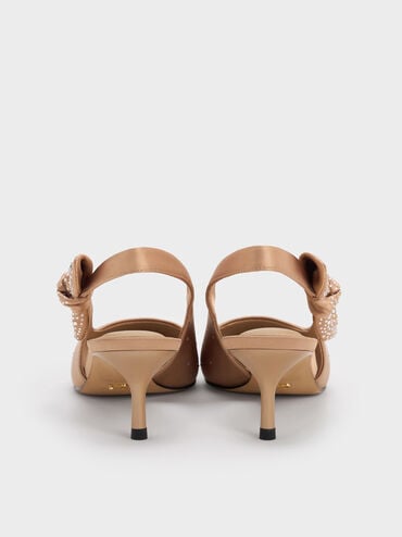 รองเท้าส้นสูงวัสดุโพลีเอสเตอร์รีไซเคิลพร้อมสายรัดส้นดีเทลประดับโบว์ผูกปมตกแต่งคริสตัลรุ่น Jayce, สีนู้ด, hi-res