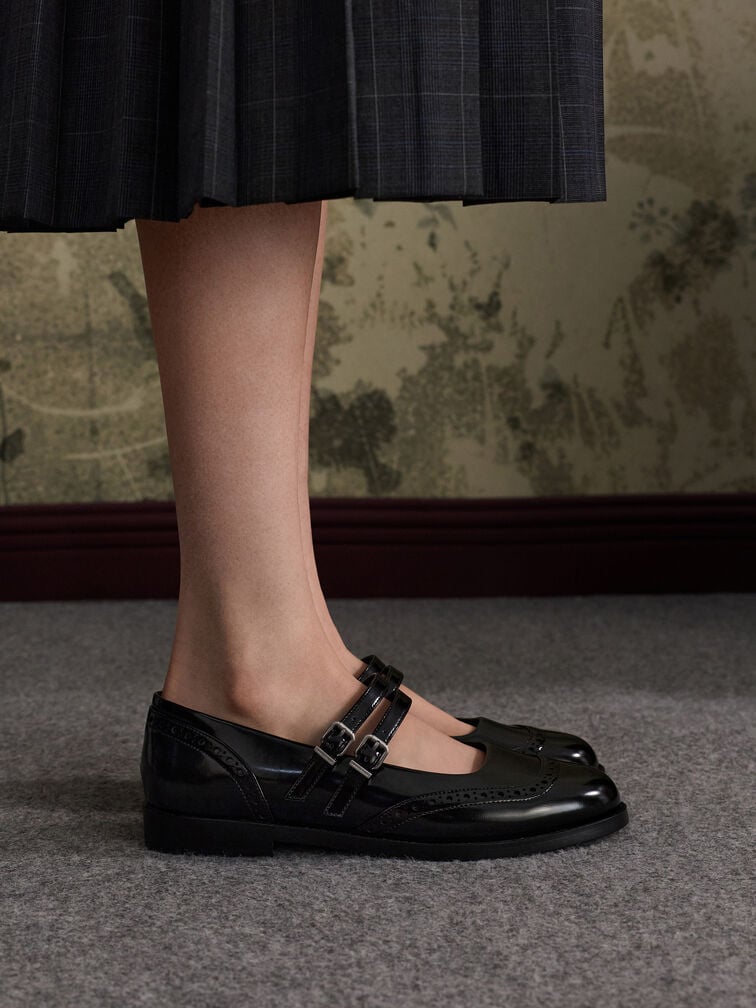 Double-Strap Brogue Mary Janes, Black Boxed, hi-res