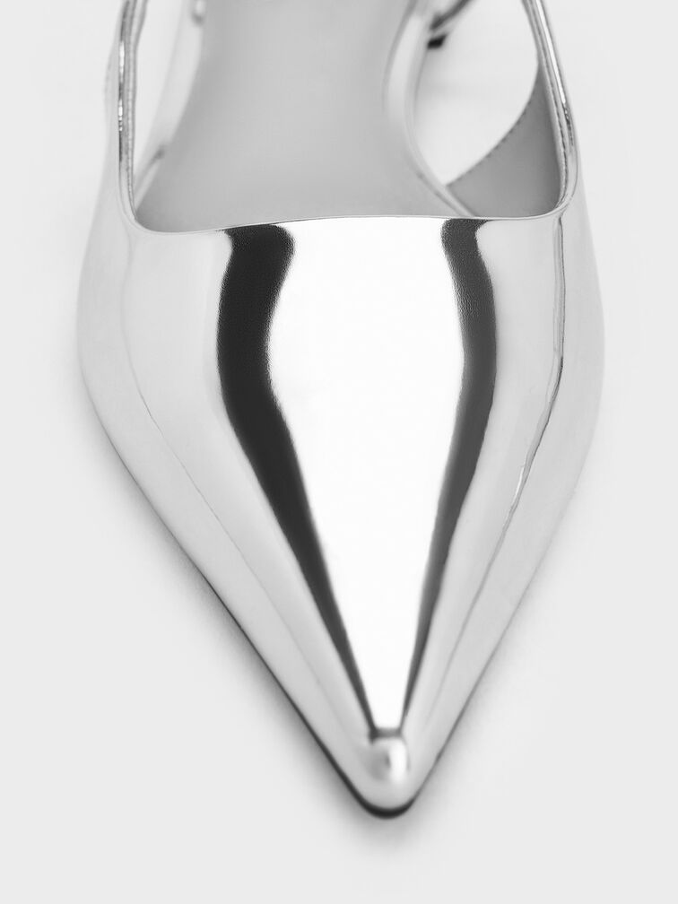 Metallic Chain-Strap Pointed-Toe Slingback Flats, Silver, hi-res