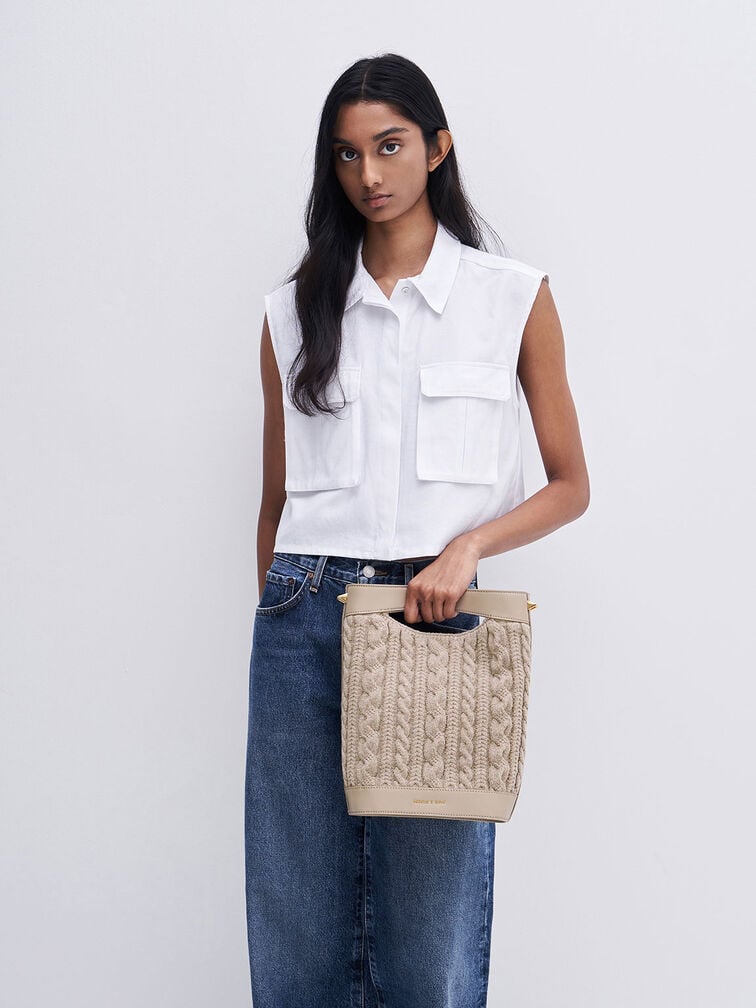 Apolline Textured Knit Bucket Bag, สีโทป, hi-res