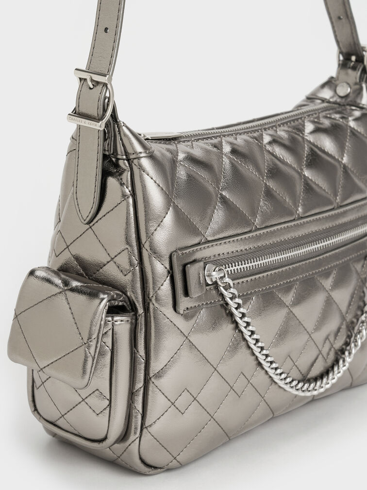 Duo Metallic Quilted Shoulder Bag, Pewter, hi-res