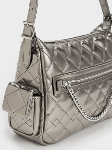 Duo Metallic Quilted Shoulder Bag, Pewter, hi-res