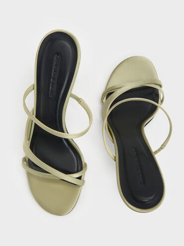 Recycled Polyester Crossover Sculptural-Heel Strappy Mules, Green, hi-res