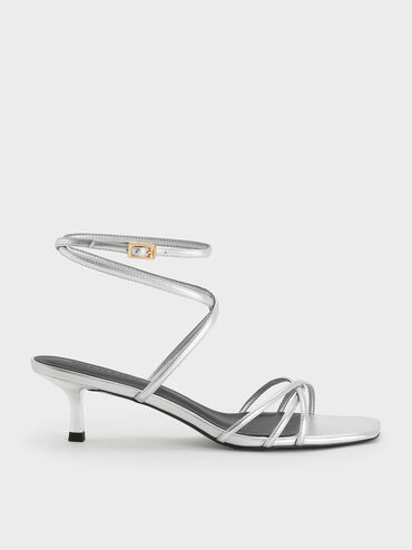 Metallic Strappy Ankle-Strap Kitten-Heel Sandals, Silver, hi-res