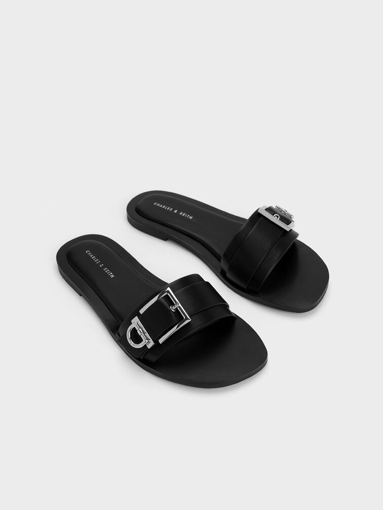 Metallic Buckle Slides, สีดำ, hi-res