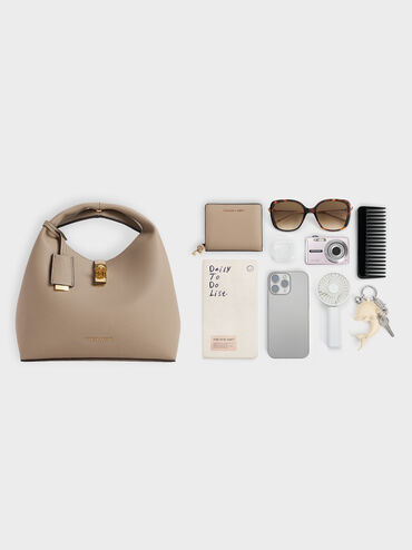 กระเป๋าทรงถังตกแต่งตัวล็อคแบบหมุนรุ่น Chance, สีโทป, hi-res