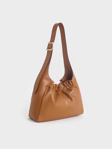 Brigette Ruched Shoulder Bag, Brown, hi-res