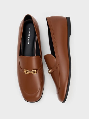Metallic Accent Round-Toe Loafers, Brown, hi-res