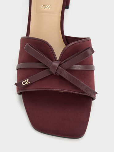 Leather & Suede Bow Heeled Mules, Burgundy, hi-res