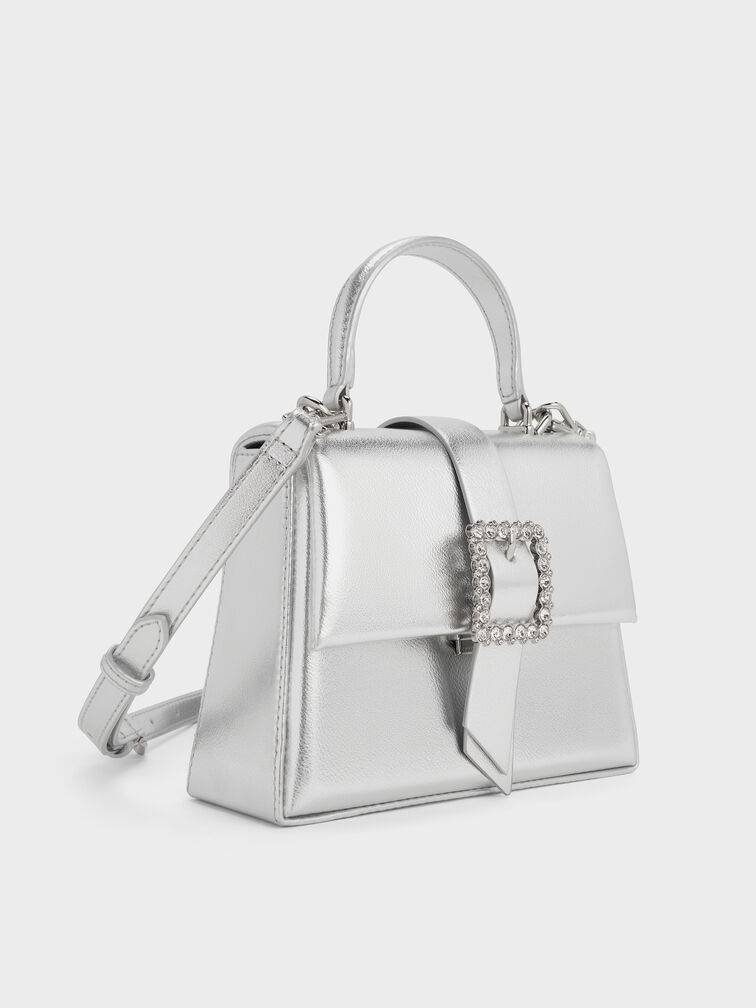 Metallic Crystal-Buckle Belted Top Handle Bag, Silver, hi-res