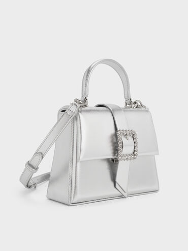 Metallic Crystal-Buckle Belted Top Handle Bag, Silver, hi-res