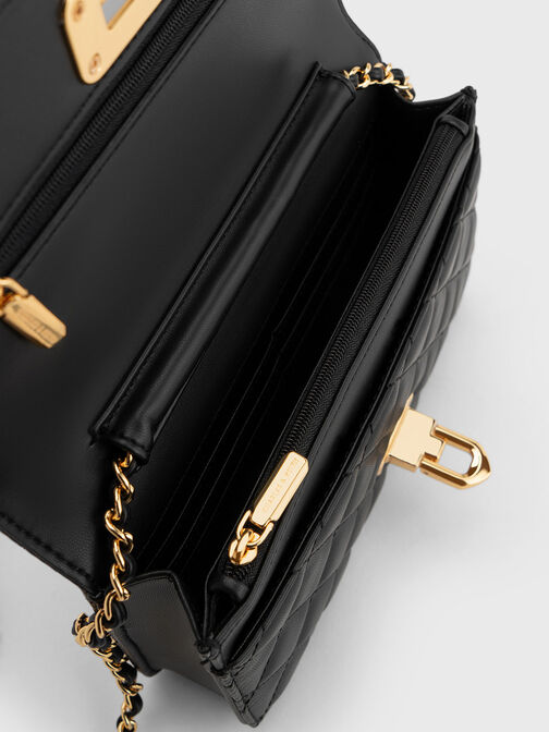 กระเป๋าคลัตช์ลายควิลท์ดีไซน์ตัวล็อคแบบกดรุ่น Cressida, สีดำ, hi-res