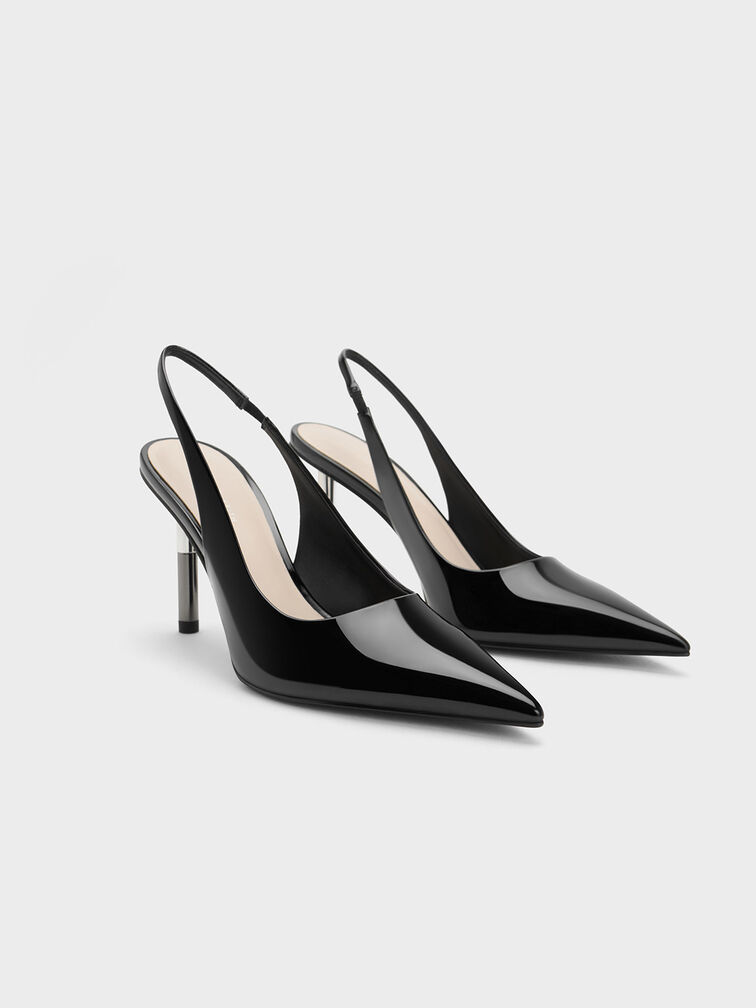 Cylindrical Metallic Heel Patent Slingback Pumps, Black Patent, hi-res