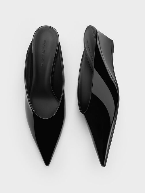 รองเท้าส้นเตารีดแบบเปิดส้นหนังแก้วดีไซน์หัวรองเท้าแบบแหลม, หนังแก้วสีดำ, hi-res