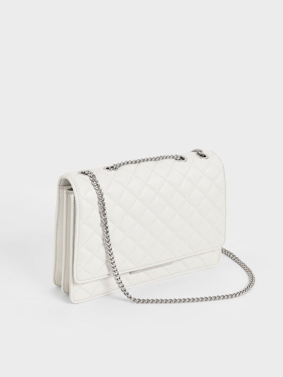 White Quilted Chain Strap Shoulder Bag - CHARLES & KEITH TH