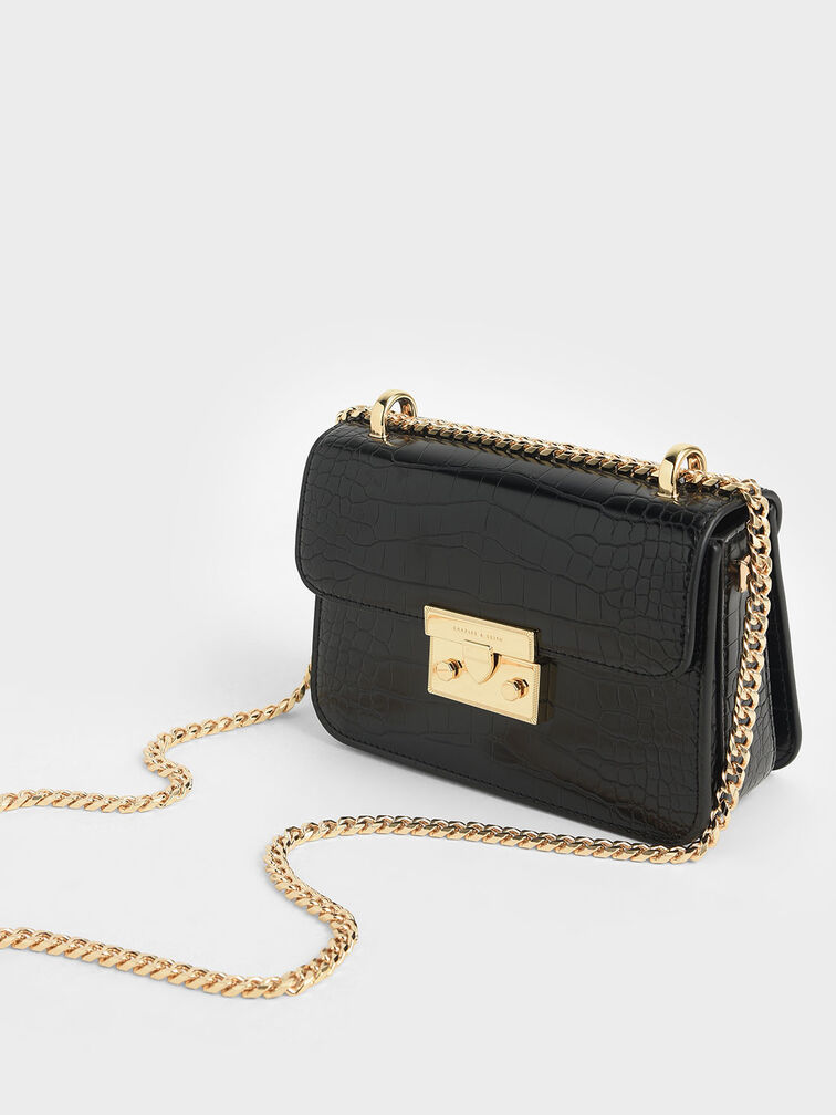 Croc-Effect Chain Strap Crossbody Bag, Black, hi-res