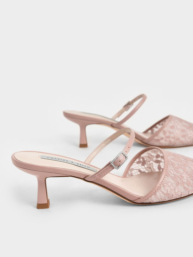 Lace & Mesh Embellished-Buckle Mules, , hi-res
