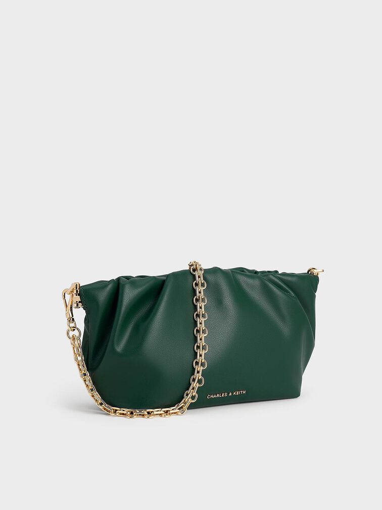 Brigette Ruched Chain-Handle Clutch, Dark Green, hi-res
