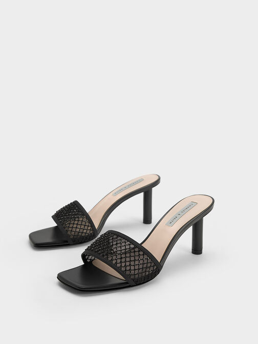 Gem-Encrusted Cylindrical Heel Mesh Sandals, , hi-res