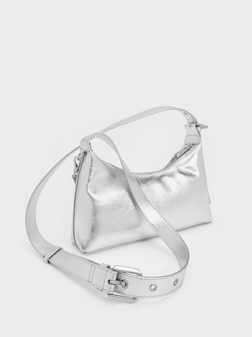 Atwood Crinkle-Effect Chain-Embellished Hobo Bag, Silver, hi-res
