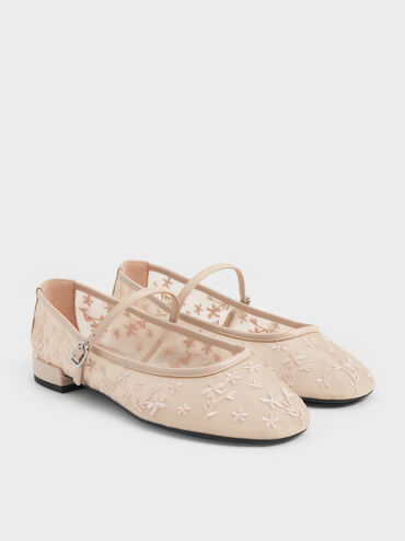 Gertrude Mesh Embroidered Floral Mary Janes, Nude, hi-res