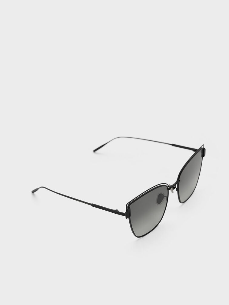 Wire-Frame Cat-Eye Sunglasses, สีดำ, hi-res