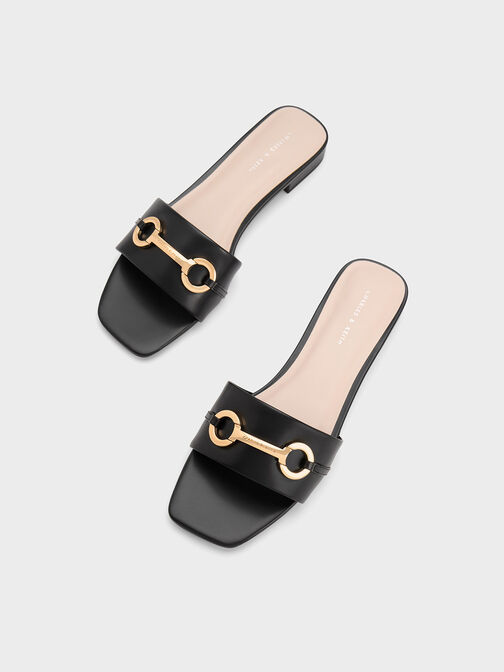 Metallic Bar Slide Sandals, สีดำ, hi-res