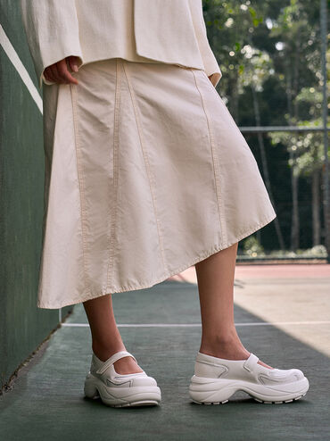 Mesh Curved Platform Mary Jane Sneakers, White, hi-res