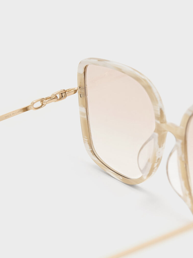 Oversized Square Chain-Link Sunglasses, สีครีม, hi-res