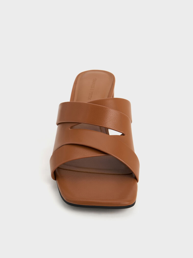 Crossover-Strap Square-Toe Block-Heel Mules, Cognac, hi-res