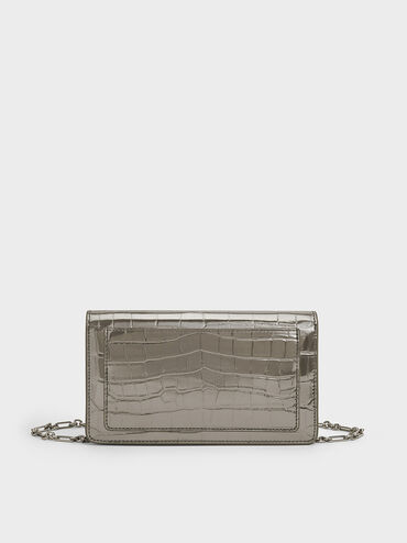 Samantha Metallic Croc-Effect Chain-Embellished Crossbody Bag, Pewter, hi-res