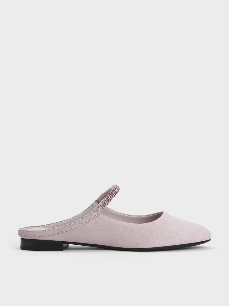 Faux Suede Crystal-Embellished Mules, Light Pink, hi-res