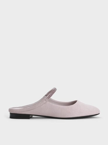 Faux Suede Crystal-Embellished Mules, Light Pink, hi-res