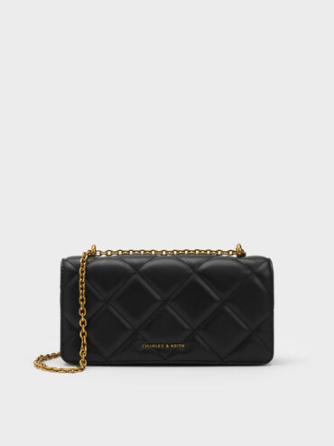 Paffuto Chain Handle Quilted Long Wallet, Black, hi-res