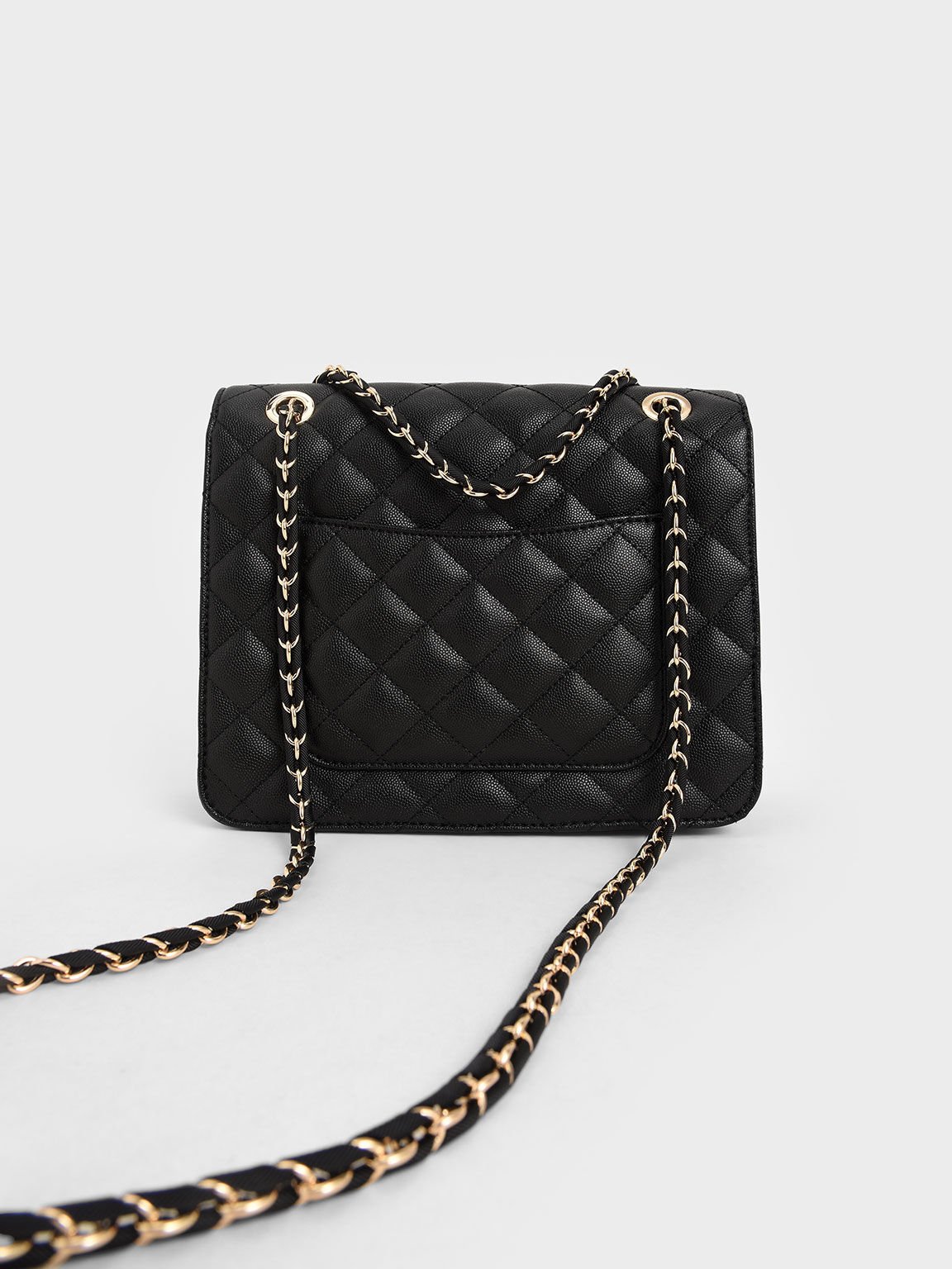 Quilted Chain Strap Clutch, Black, hi-res