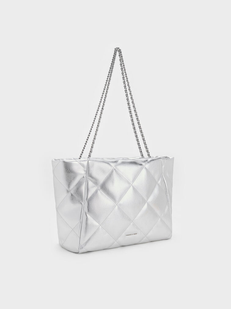 Apfra Metallic Quilted Chain-Handle Tote Bag, Silver, hi-res