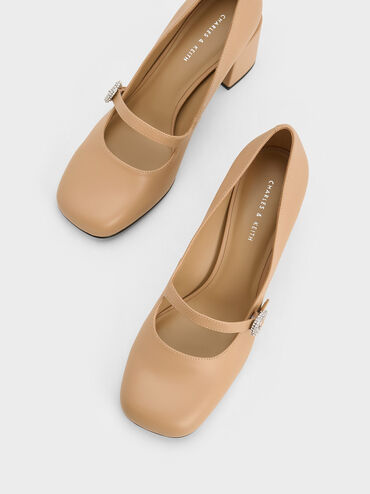 Crystal-Embellished Mary Jane Pumps, Camel, hi-res
