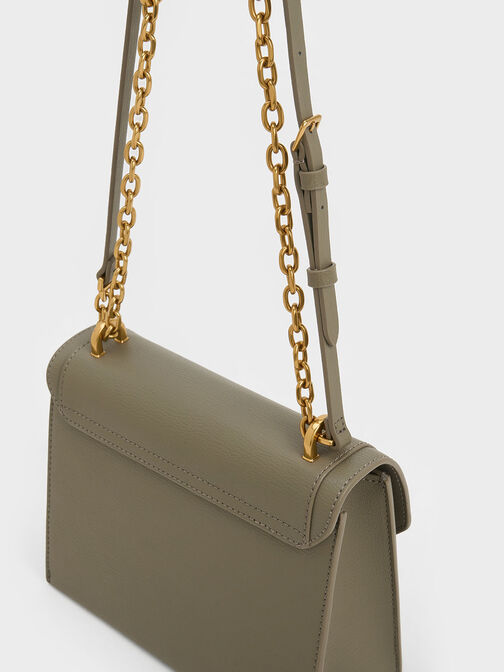 Front Flap Chain Handle Crossbody Bag, Khaki, hi-res