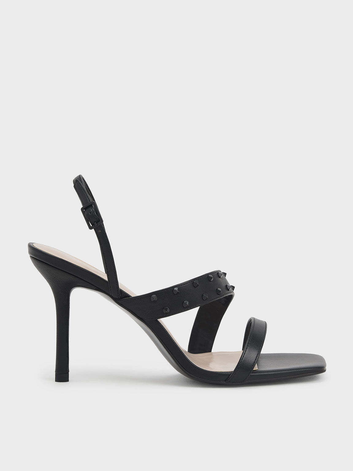 Studded Asymmetric Strap Stiletto Sandals, Black, hi-res