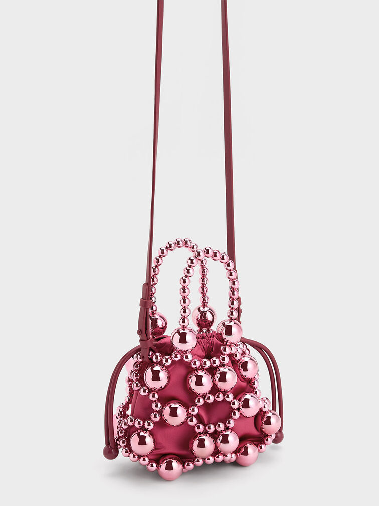 Beaded Top Handle Bag, สีฟูเชีย, hi-res